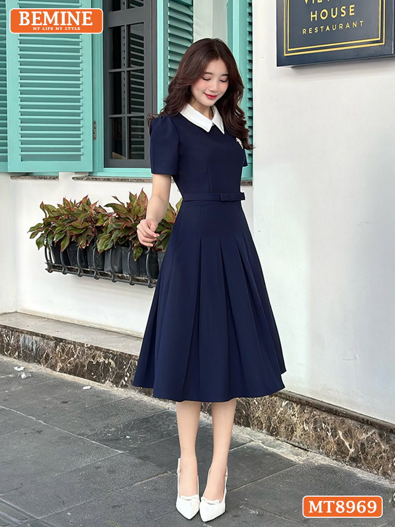 Đầm thiết kế cổ sen eo đính nơ tùng xếp ly MT8969 11