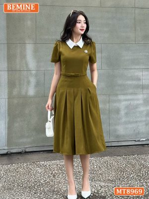 Đầm thiết kế cổ sen eo đính nơ tùng xếp ly MT8969 5