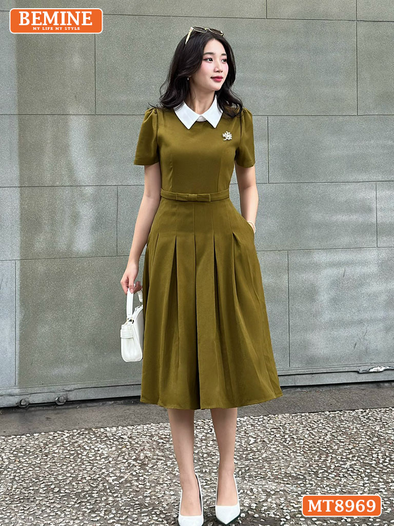 Đầm thiết kế cổ sen eo đính nơ tùng xếp ly MT8969 5