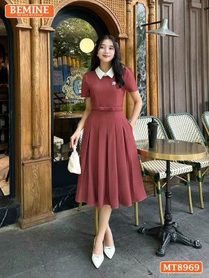 Đầm thiết kế cổ sen eo đính nơ tùng xếp ly MT8969 3