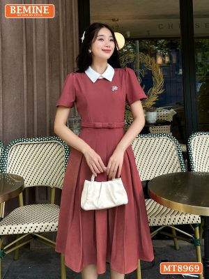 Đầm thiết kế cổ sen eo đính nơ tùng xếp ly MT8969