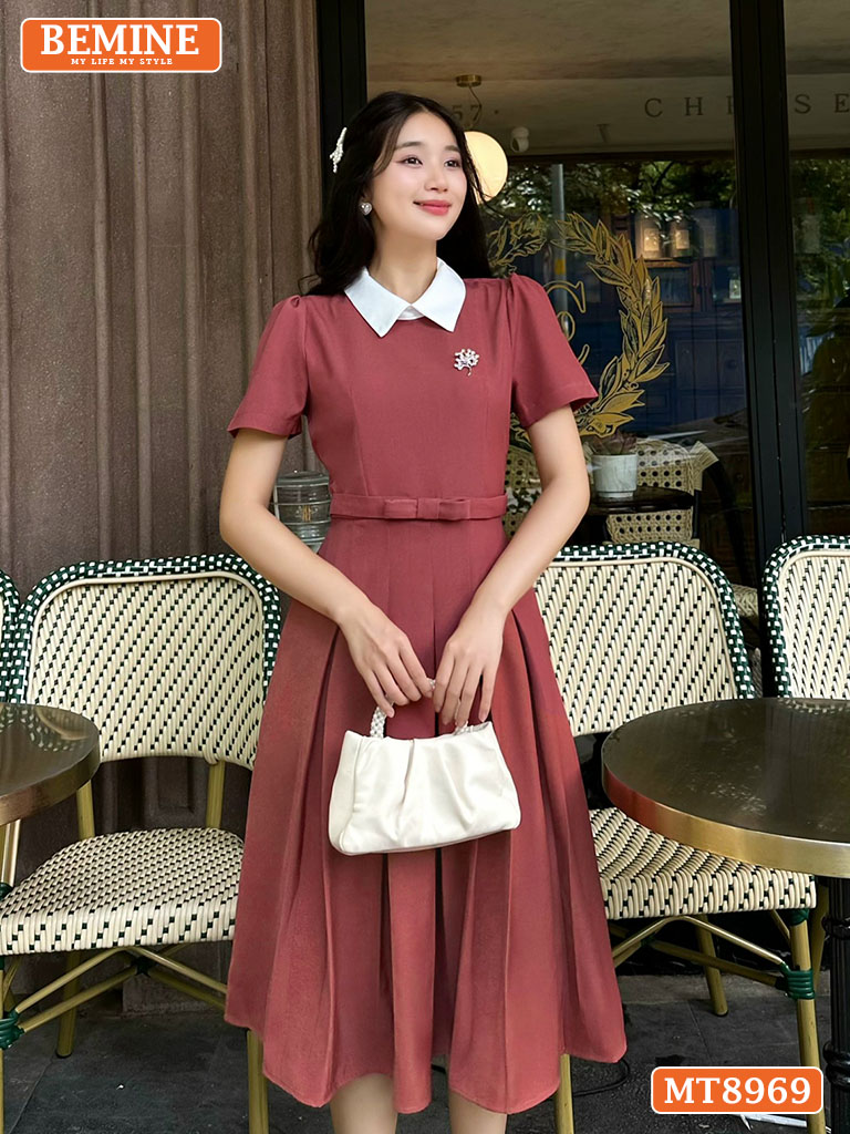 Đầm thiết kế cổ sen eo đính nơ tùng xếp ly MT8969