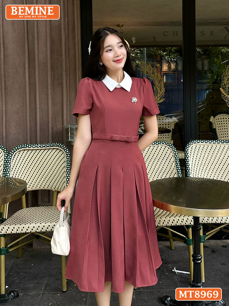 Đầm thiết kế cổ sen eo đính nơ tùng xếp ly MT8969 4