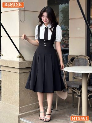 Đầm thiết kế cổ sen giả yếm phối cavat dáng xếp ly MT9461 2