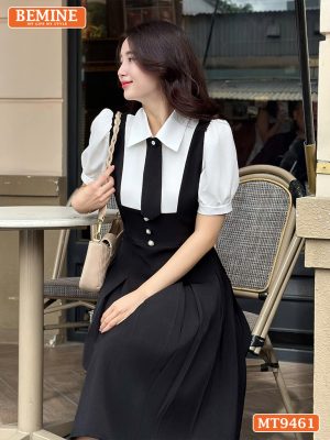 Đầm thiết kế cổ sen giả yếm phối cavat dáng xếp ly MT9461 1