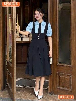 Đầm thiết kế cổ sen giả yếm phối cavat dáng xếp ly MT9461