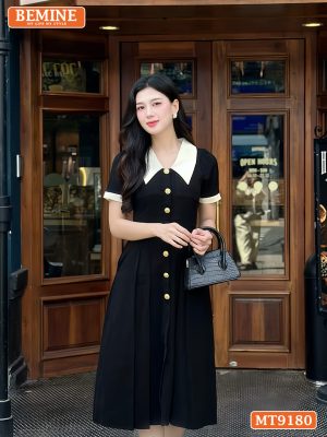 Đầm thiết kế cổ sen phối cúc xẻ trước dáng xếp ly MT9180