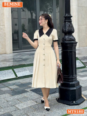 Đầm thiết kế cổ sen phối cúc xẻ trước dáng xếp ly MT9180 7