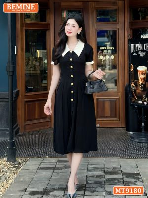 Đầm thiết kế cổ sen phối cúc xẻ trước dáng xếp ly MT9180 1