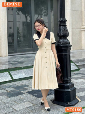 Đầm thiết kế cổ sen phối cúc xẻ trước dáng xếp ly MT9180 5