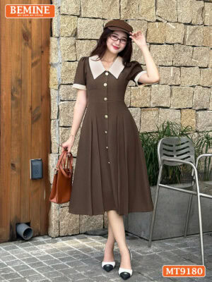Đầm thiết kế cổ sen phối cúc xẻ trước dáng xếp ly MT9180 23