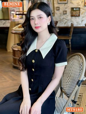 Đầm thiết kế cổ sen phối cúc xẻ trước dáng xếp ly MT9180 2