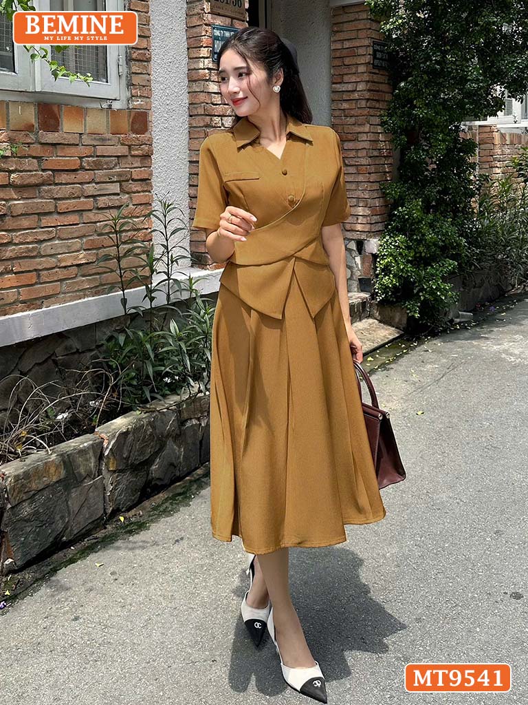 Đầm thiết kế cổ sơ mi dáng dài vạt chéo tùng xếp ly MT9541 1