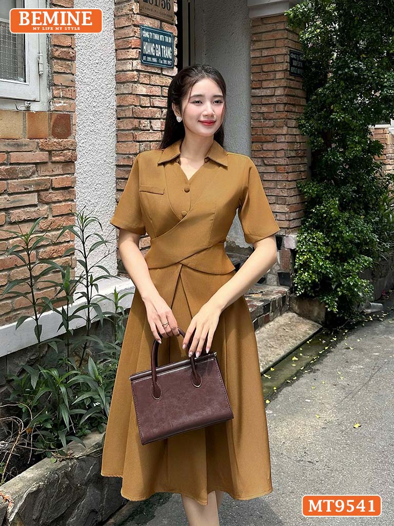 Đầm thiết kế cổ sơ mi dáng dài vạt chéo tùng xếp ly MT9541