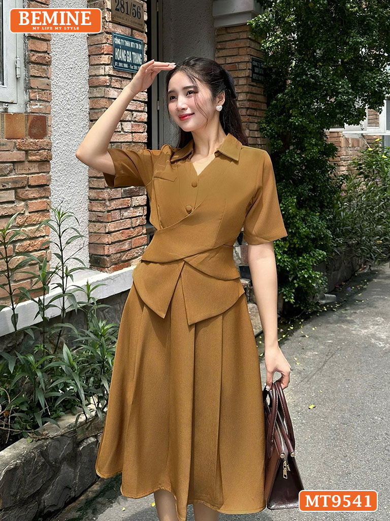Đầm thiết kế cổ sơ mi dáng dài vạt chéo tùng xếp ly MT9541 2