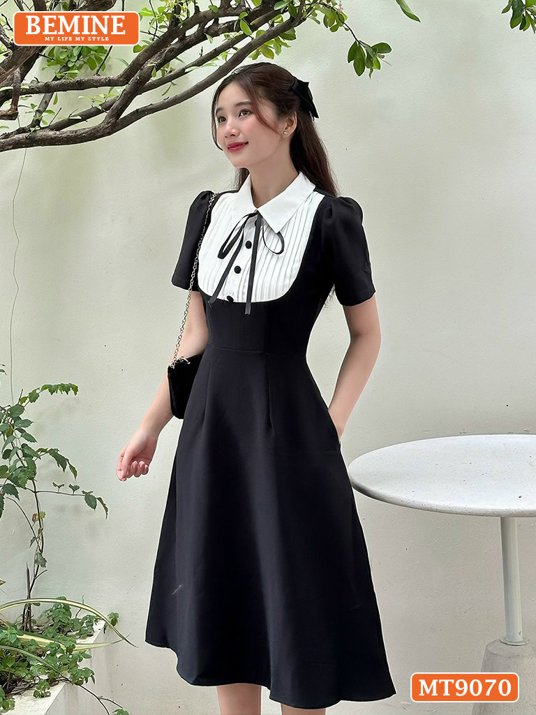 Đầm thiết kế cổ sơ mi đính nơ dáng xếp ly MT9070 3