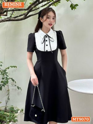 Đầm thiết kế cổ sơ mi đính nơ dáng xếp ly MT9070 1
