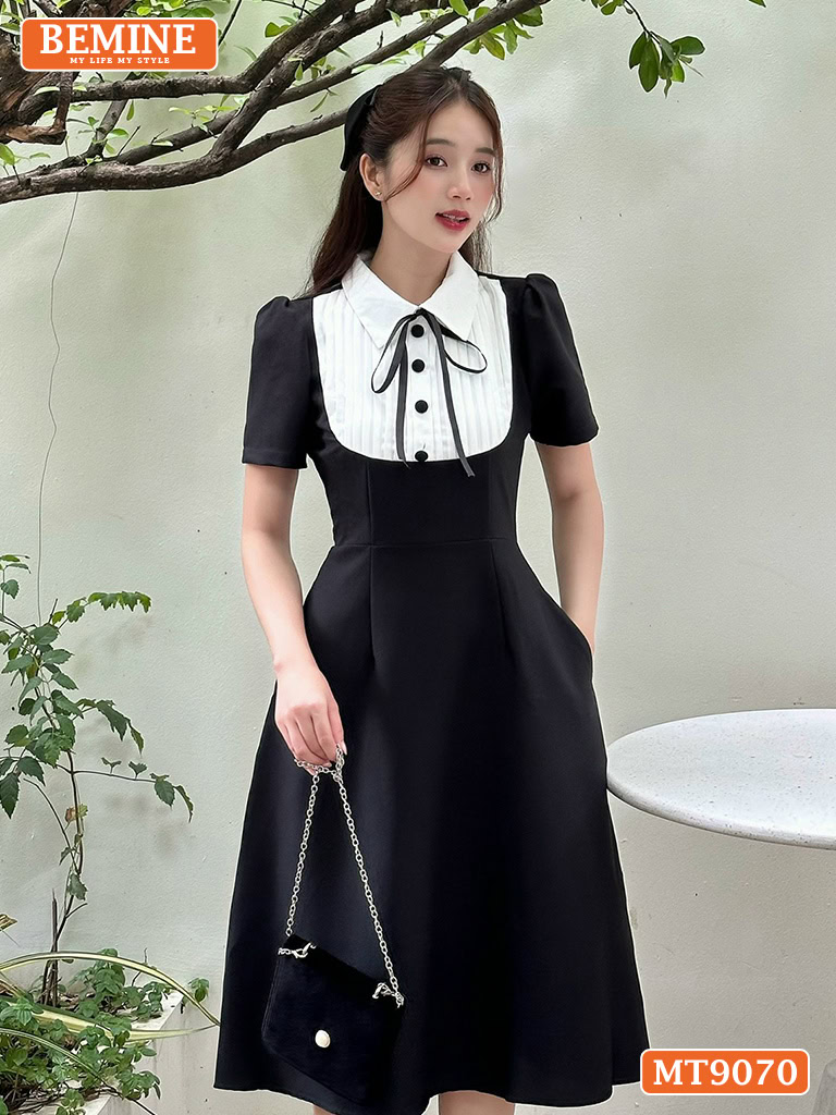 Đầm thiết kế cổ sơ mi đính nơ dáng xếp ly MT9070 1