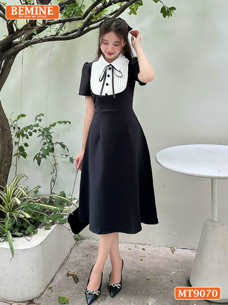 Đầm thiết kế cổ sơ mi đính nơ dáng xếp ly MT9070 2