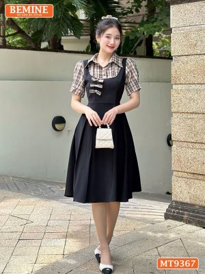 Đầm thiết kế cổ sơ mi giả yếm ngực đính nơ MT9367