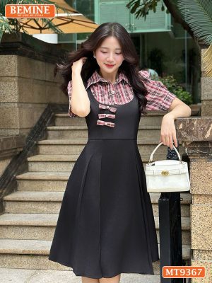 Đầm thiết kế cổ sơ mi giả yếm ngực đính nơ MT9367 6