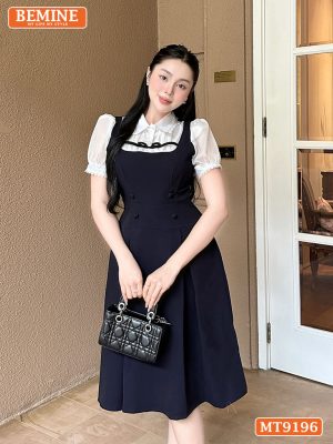 Đầm thiết kế cổ sơ mi giả yếm tay phồng viền ren MT9196