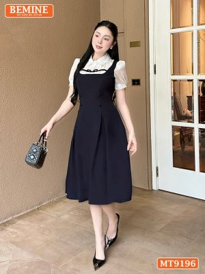 Đầm thiết kế cổ sơ mi giả yếm tay phồng viền ren MT9196 3