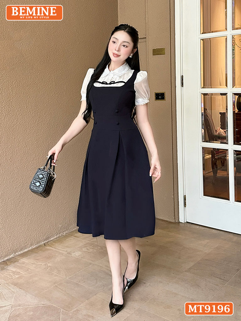 Đầm thiết kế cổ sơ mi giả yếm tay phồng viền ren MT9196 3