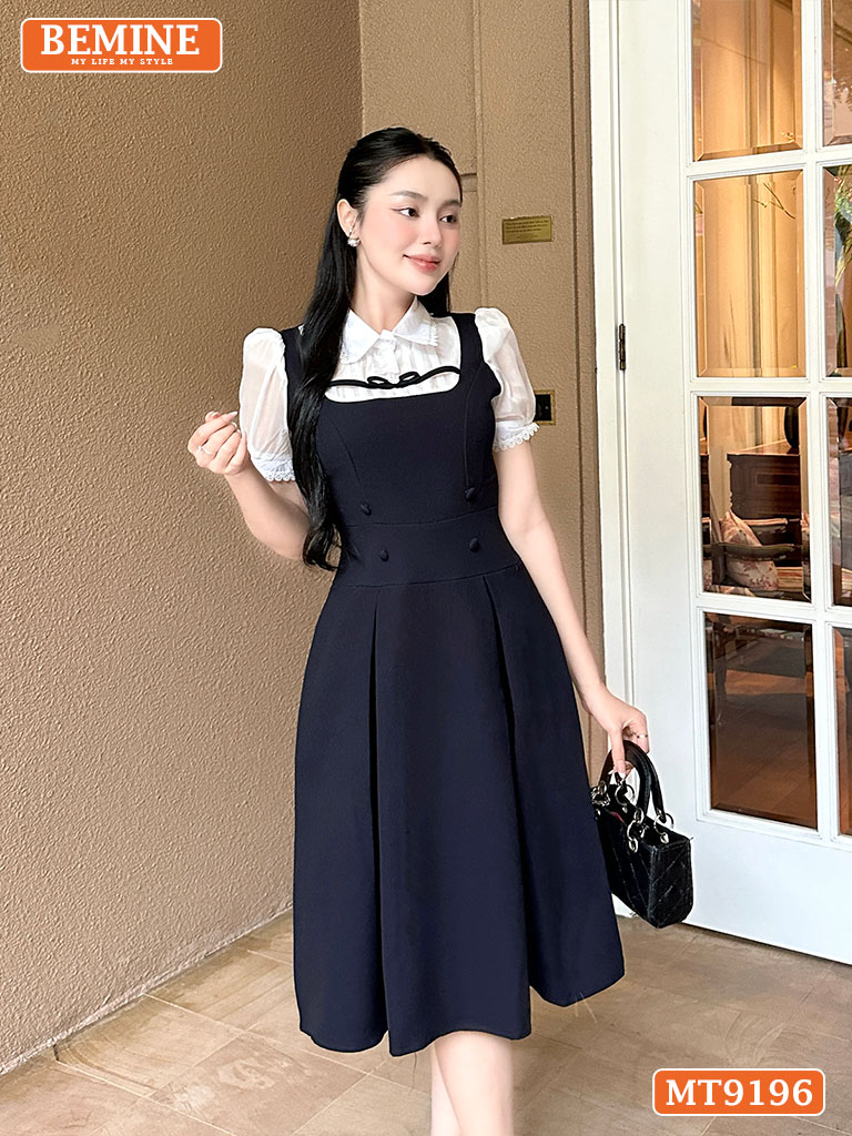 Đầm thiết kế cổ sơ mi giả yếm tay phồng viền ren MT9196 2