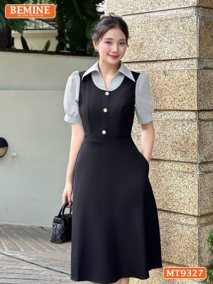 Đầm thiết kế cổ sơ mi kiểu giả yếm đính cúc MT9327
