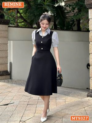 Đầm thiết kế cổ sơ mi kiểu giả yếm đính cúc MT9327 1