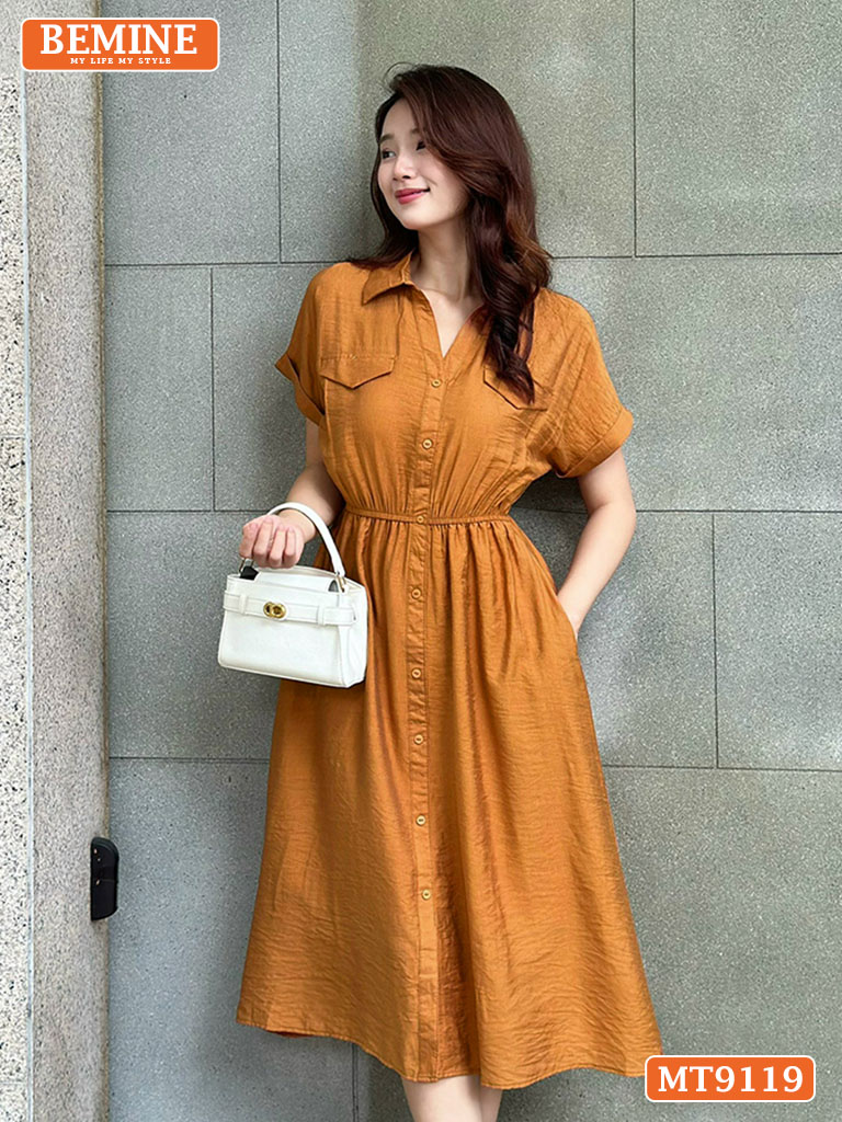 Đầm thiết kế cổ sơ mi nhún eo dáng chữ A MT9119