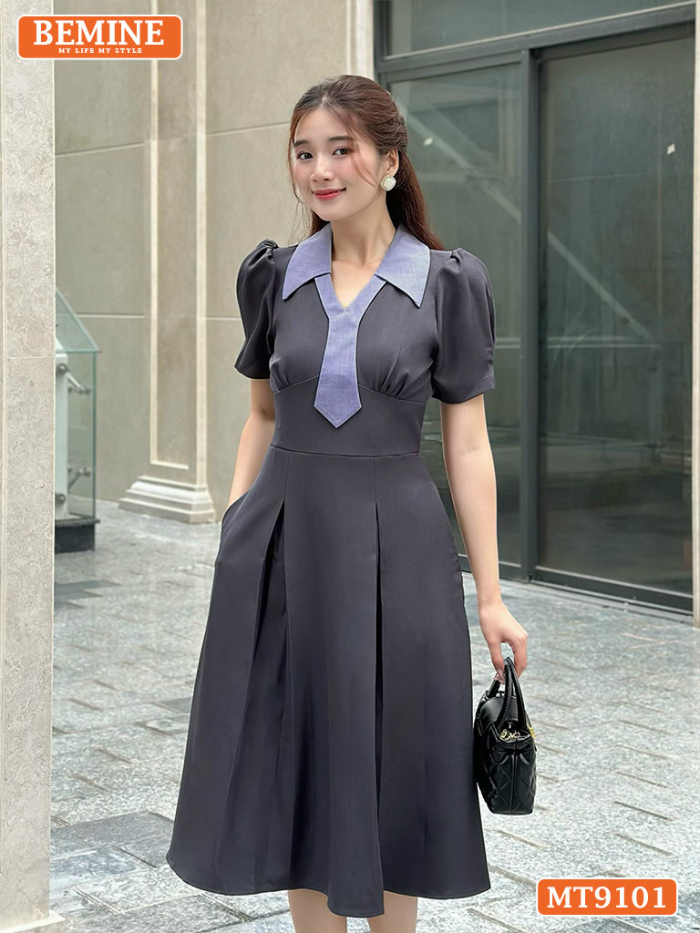 Đầm thiết kế cổ sơ mi phối cavat dáng xòe MT9101 2