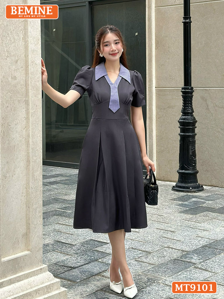 Đầm thiết kế cổ sơ mi phối cavat dáng xòe MT9101 3