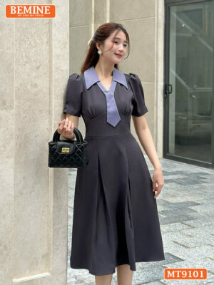 Đầm thiết kế cổ sơ mi phối cavat dáng xòe MT9101