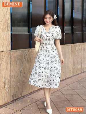 Đầm thiết kế cổ tròn tay phồng chít eo MT8989 1