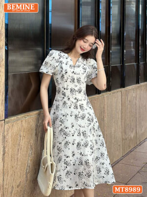 Đầm thiết kế cổ tròn tay phồng chít eo MT8989