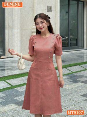 Đầm thiết kế cổ tròn tay phồng đính nút dáng chữ A MT9107 2