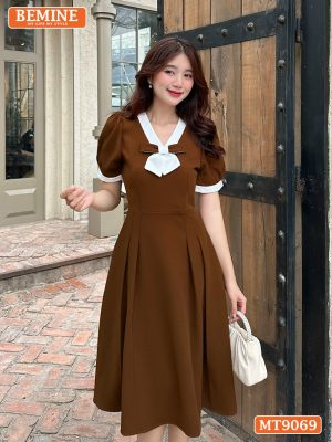 Đầm thiết kế cổ viền đính nơ dáng xếp ly MT9069 13
