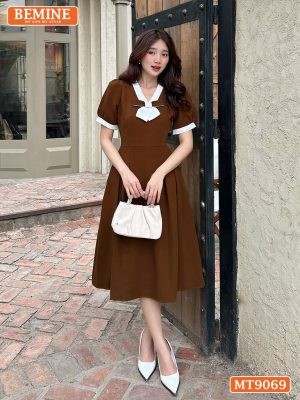 Đầm thiết kế cổ viền đính nơ dáng xếp ly MT9069 14