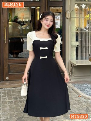 Đầm thiết kế cổ vuông phối nơ tay phồng MT9350