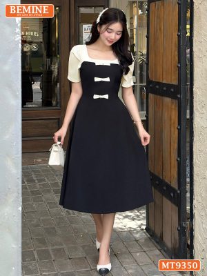 Đầm thiết kế BEMINE cổ vuông kết nơ tay phồng MT9350
