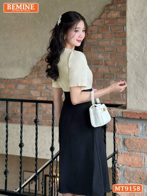 Đầm thiết kế cổ vuông xẻ V tay phồng eo đính cúc MT9158 4