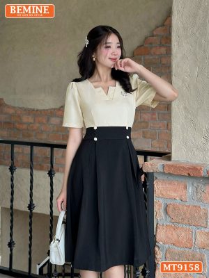 Đầm thiết kế cổ vuông xẻ V tay phồng eo đính cúc MT9158 1