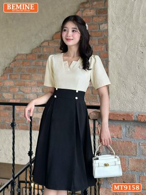 Đầm thiết kế cổ vuông xẻ V tay phồng eo đính cúc MT9158 3