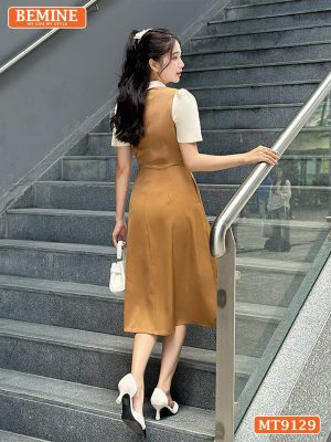 Đầm thiết kế giả yếm cổ phối đính nơ dáng xếp ly MT9129 4