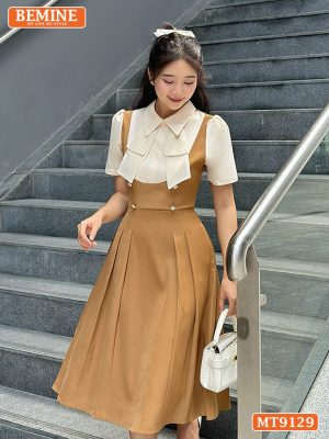 Đầm thiết kế giả yếm cổ phối đính nơ dáng xếp ly MT9129 3