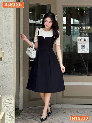Đầm thiết kế giả yếm xẻ V đính nơ dáng xếp ly MT9310