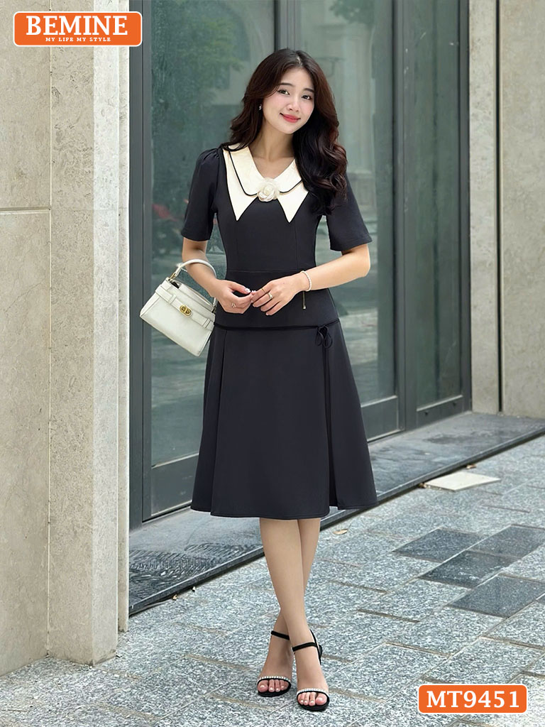 Đầm thiết kế phối đính hoa viền nơ dáng chữ A MT9451