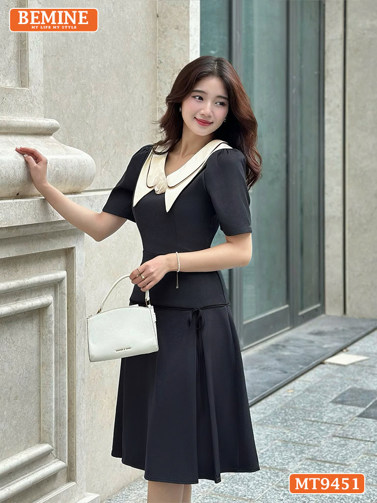 Đầm thiết kế phối đính hoa viền nơ dáng chữ A MT9451 3